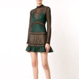 Self-Portrait Green Long Sleeve Lace Mini Dress